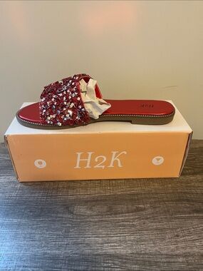 H2K Dream Red Rhinestone Glitter Slide Sandals Women’s Size 9